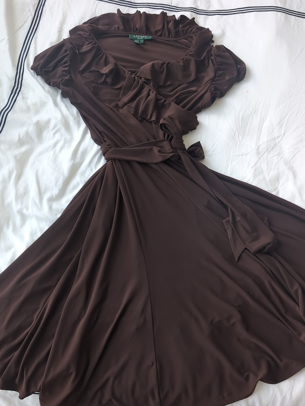 Lauren Ralph Lauren Brown Wrap Dress | Size 8 | Ruffle Neckline | Tie Waist